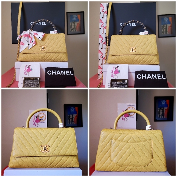 Chanel coco handle chevron yellow caviar gold hard ware small medium bag - Picture 1 of 11